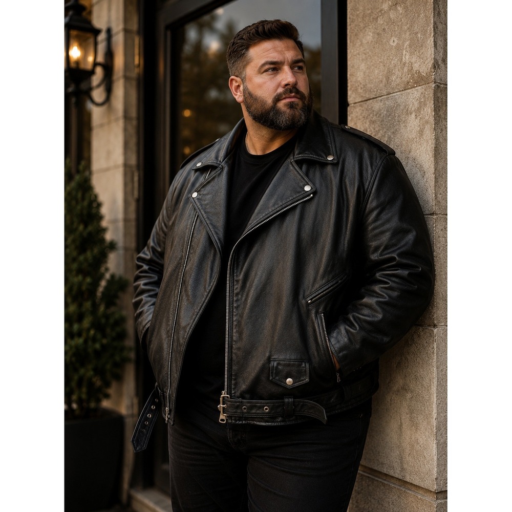 Genuine Leather Biker Jacket Mens 62 5XL Black Moto Belted Asymmetrical Zip